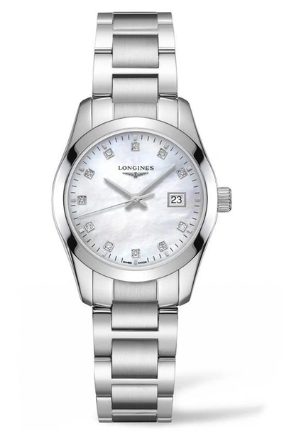 Shop Longines Conquest Classic Diamond Bracelet Watch, 29mm In Silver/ Mop/ Silver