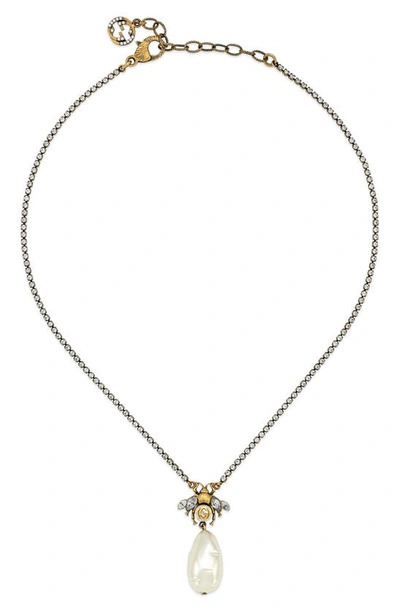 Shop Gucci Gg Bee Imitation Pearl Pendant Necklace In Gold