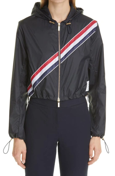 Shop Thom Browne Diagonal Stripe Crop Hooded Jacket In Navy