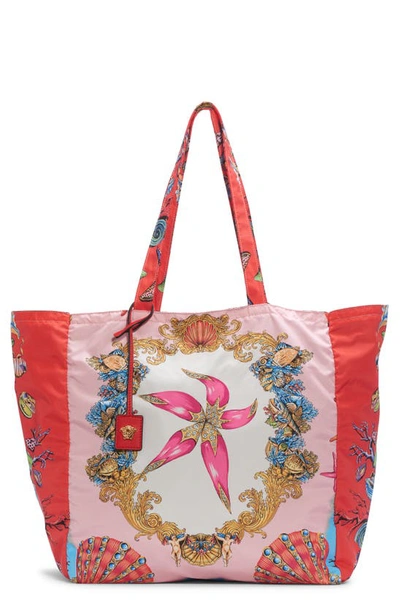 Shop Versace Tresor De La Mer Print Tote In Red- Multi- Gold St04v