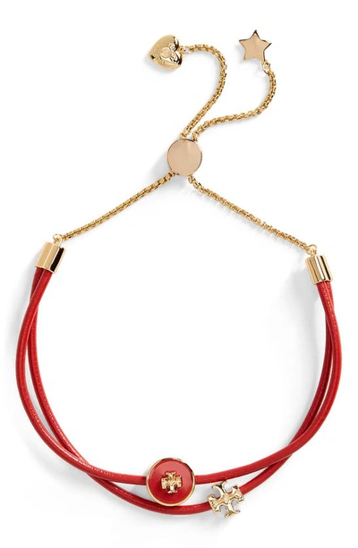 Shop Tory Burch Kira Slider Bracelet In Tory Gold / Brilliant Red