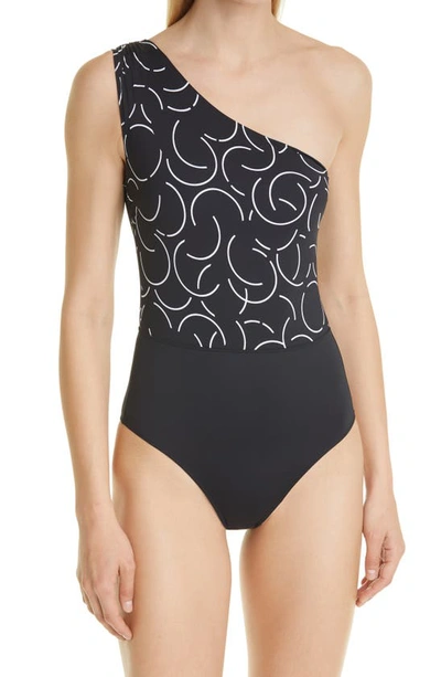 Shop Max Mara Rame Print One-shoulder One-piece Swimsuit In Black