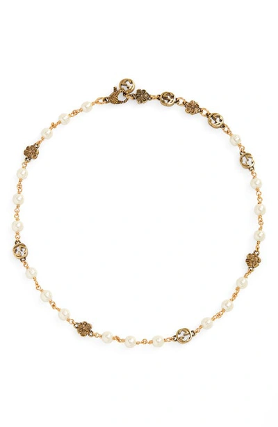 Shop Gucci Interlocking Logo, Flower & Imitation Pearl Necklace In Yellow Gold