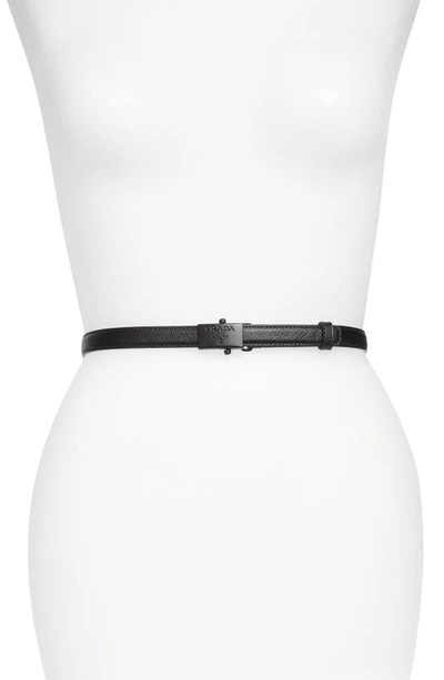 Shop Prada Logo Buckle Saffiano Calfskin Leather Skinny Belt In Black