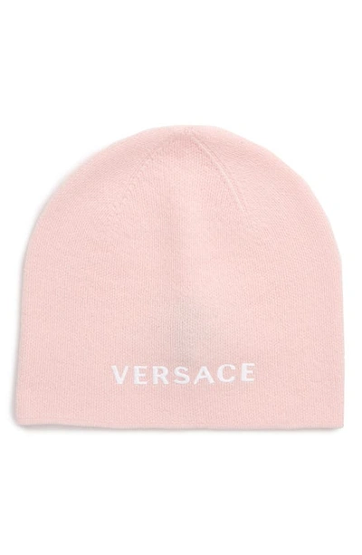 Shop Versace Logo Knit Wool Beanie In Rosa/ Bianco