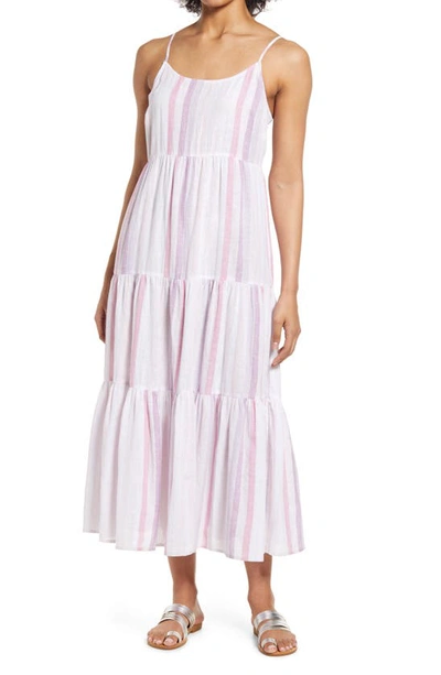 Shop Beachlunchlounge Lana Stripe Linen & Cotton Tiered Midi Sundress In Viola
