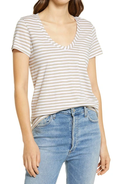 Shop Caslonr Caslon Rounded V-neck T-shirt In White- Tan Stripe