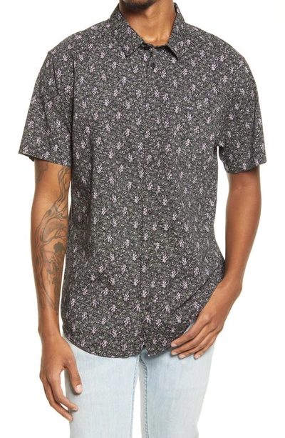 Shop Rvca Monkberry Floral Print Short Sleeve Button-up Shirt In Black