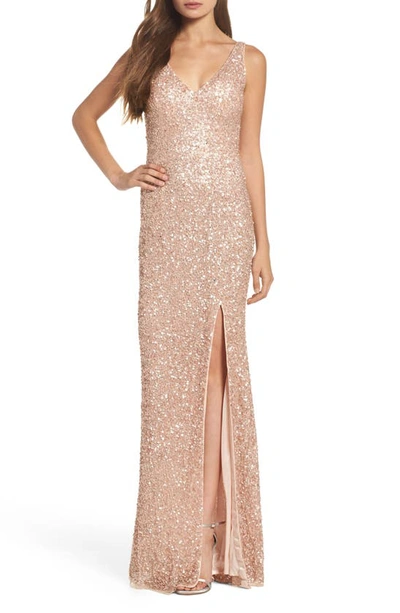 Shop Mac Duggal Sequin Slit Gown In Rose Gold