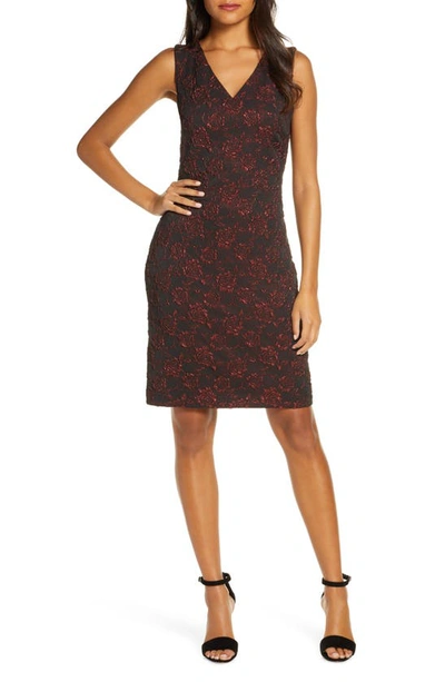 Shop Donna Ricco Metallic Floral Brocade Sleeveless Dress In Red/ Black