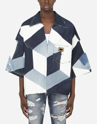 Shop Dolce & Gabbana Stretch Denim Patchwork Shirt In Azure