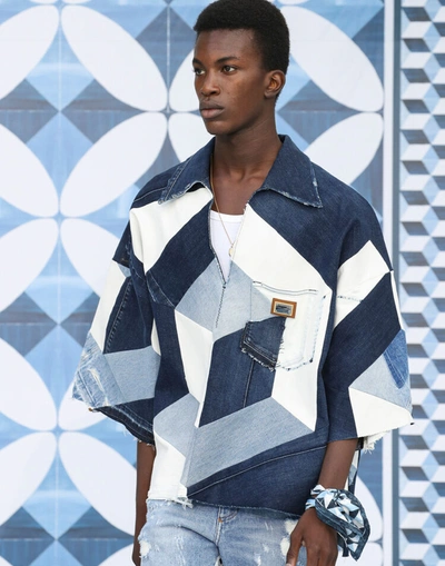 Shop Dolce & Gabbana Stretch Denim Patchwork Shirt In Azure