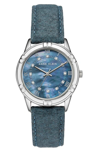 Shop Anne Klein Solar Powered Leather Strap Watch, 34mm In Blue Mother Of Pearl Dial
