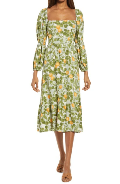 Shop Reformation Floral Long Sleeve Midi Dress In Orange Grove