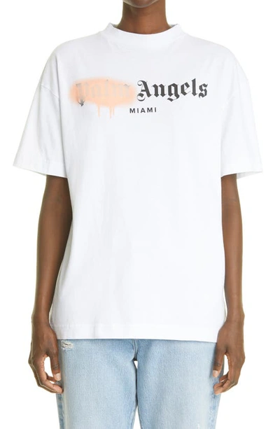 Shop Palm Angels Miami Logo Cotton Tee In White Pink