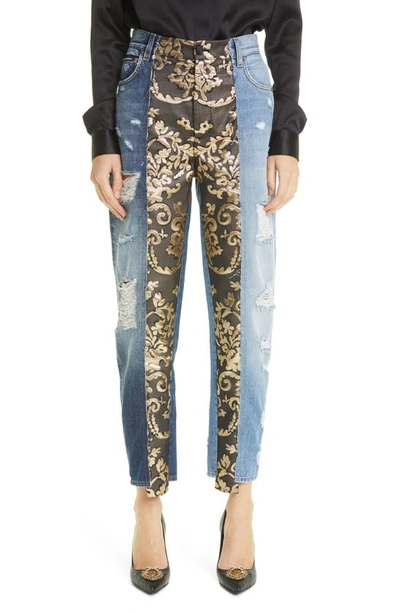 Shop Dolce & Gabbana Distressed Brocade Patchwork Relaxed Crop Jeans In Multi