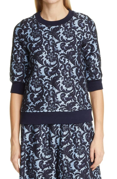 Shop Adam Lippes Lace Silk Top In Navy/ Light Blue