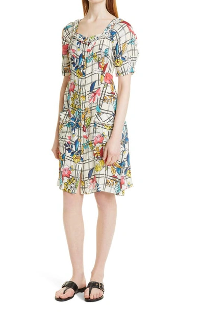 Shop Dyvna Floral Button-up A-line Dress In Multi Window Pane Flowers