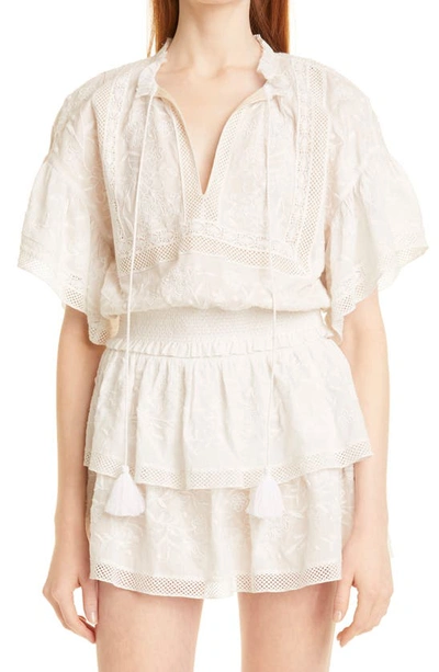 Shop Alice And Olivia Tabitha Embroidered Cotton Crop Blouse In Off White