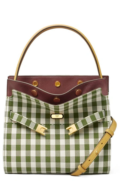Shop Tory Burch Small Lee Radziwill Gingham Double Bag Satchel In Leccio / New Ivory Gingham
