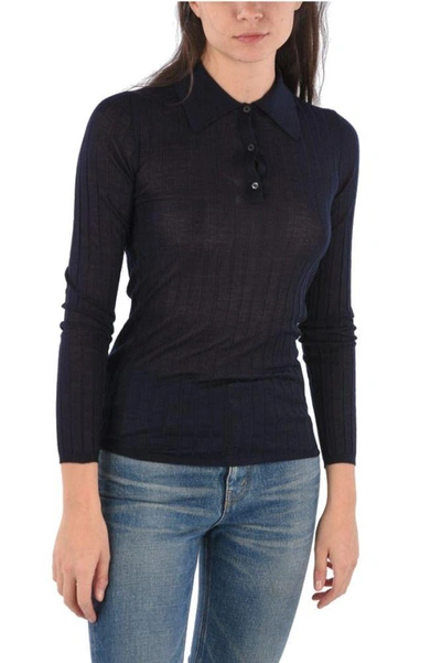 Shop Prada Women's Blue Wool Polo Shirt