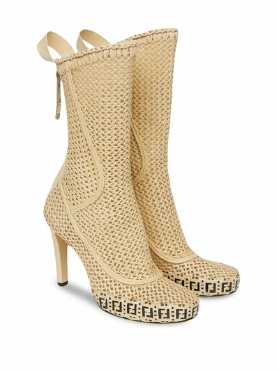 Shop Fendi Women's Beige Linen Ankle Boots