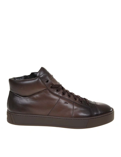 Shop Santoni Men's Brown Leather Hi Top Sneakers