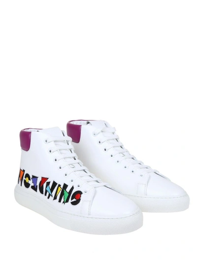 Shop Moschino Men's White Leather Hi Top Sneakers