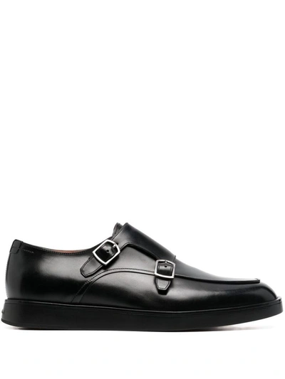 Shop Santoni Men's Black Leather Monk Strap Shoes