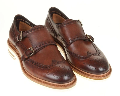 Shop Santoni Men's Brown Leather Monk Strap Shoes