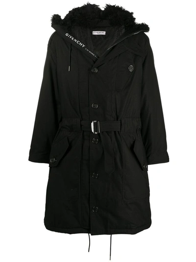 Givenchy Furry Hood Belted Parka Coat In Black