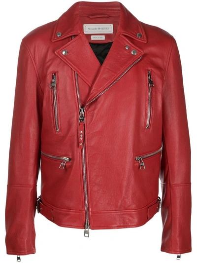 Shop Alexander Mcqueen Men's Red Leather Outerwear Jacket