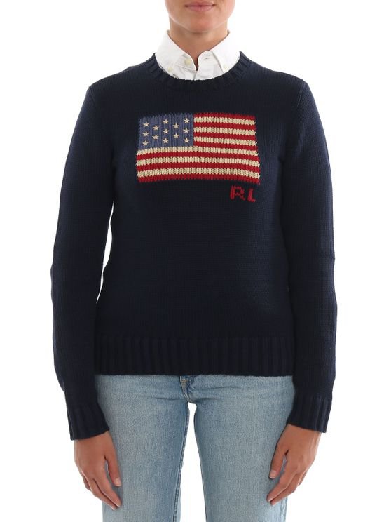 Ralph Lauren Flag Cotton Crewneck Sweater In Blue | ModeSens