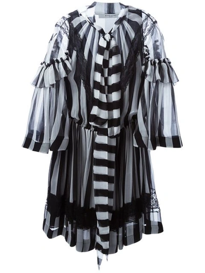 Givenchy Lace Inserts Striped Silk Crepon Dress In Black/white