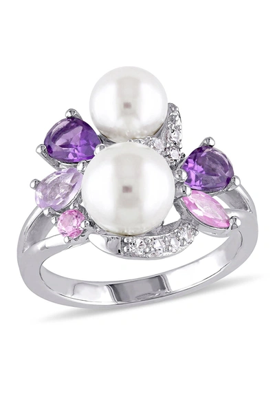 Shop Delmar Sterling Silver 6.5-7mm & 7.5-8mm White Freshwater Cultured Pearl & Semi-precious Stone Ring In Multi