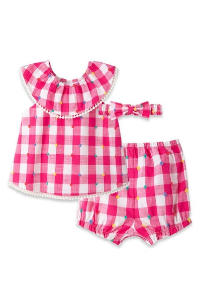 Shop Little Me Pom Gingham Top, Shorts & Headband Set In Pink
