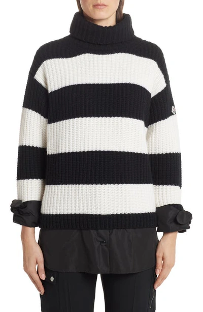 Shop Moncler Stripe Turtleneck Sweater In Black