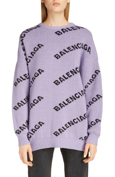 Shop Balenciaga Logo Jacquard Stretch Wool Sweater In Lilac/ Black