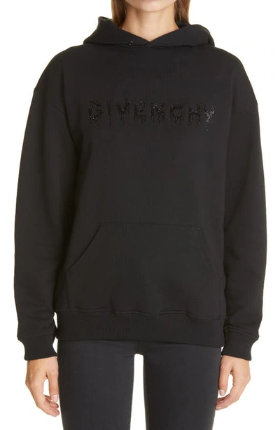 Shop Givenchy Beaded Logo Cotton Hoodie In Black
