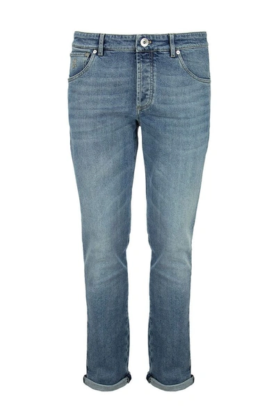 Shop Brunello Cucinelli Comfort Denim Slim Fit Five-pocket Trousers In Light Denim