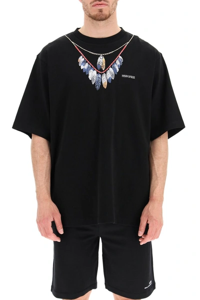 Shop Marcelo Burlon County Of Milan Marcelo Burlon Double Chain Feathers Oversized T-shirt In Black Blue
