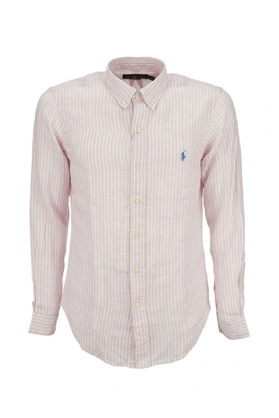 Shop Ralph Lauren Striped Linen Shirt In Pink/white