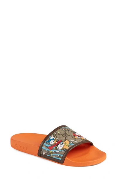 Shop Gucci X Disney Pursuit Donald Duck Slide Sandal In Beige/ Ebony