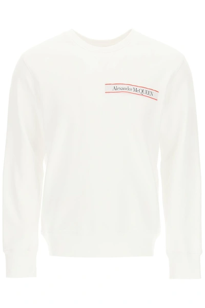 Shop Alexander Mcqueen Crewneck Sweatshirt With Logo Tape In White Mix