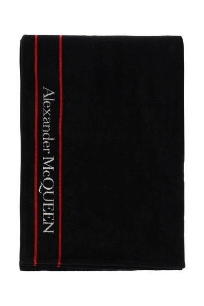 Shop Alexander Mcqueen Terry Beach Towel Selvedge In Black Ivory