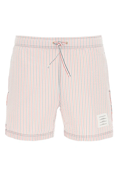 Shop Thom Browne Seersucker Swim Shorts In Rwbw