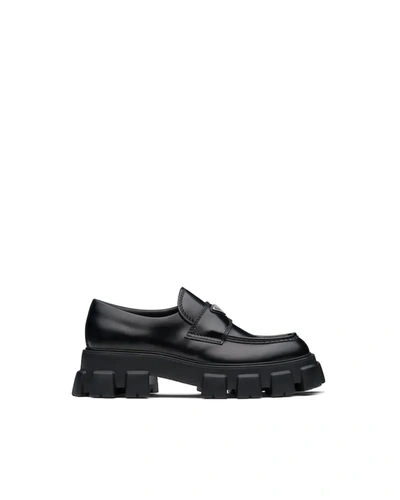 Shop Prada Monolith Moccasins In Brushed Leather In Brown