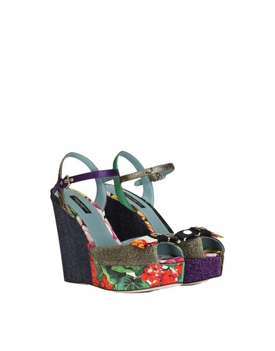 Shop Dolce & Gabbana Wedge Sandals In Patchwork Fabrics In Blu
