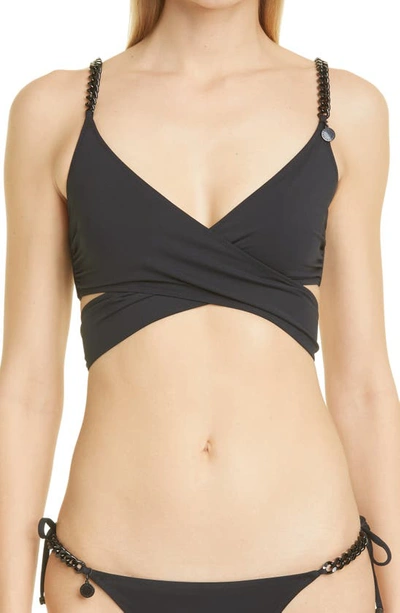 Shop Stella Mccartney Falabella Chain Detail Wrap Bikini Top In Black