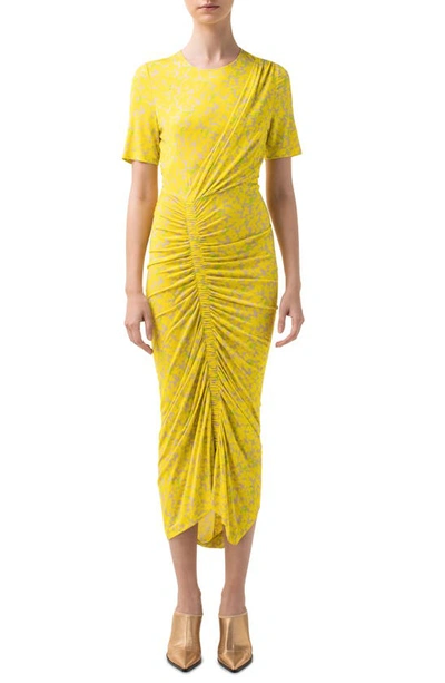 Shop Akris Punto Magnolia Print Ruched Jersey Dress In Neon/ Sand